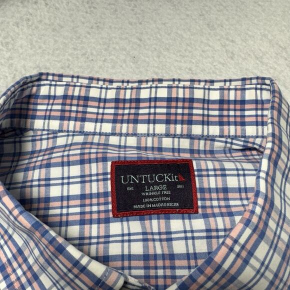 UNTUCKit LT Men’s Large Wrinkle Free Pink/Blue Plaid Check Shirt Button - Picture 2 of 5